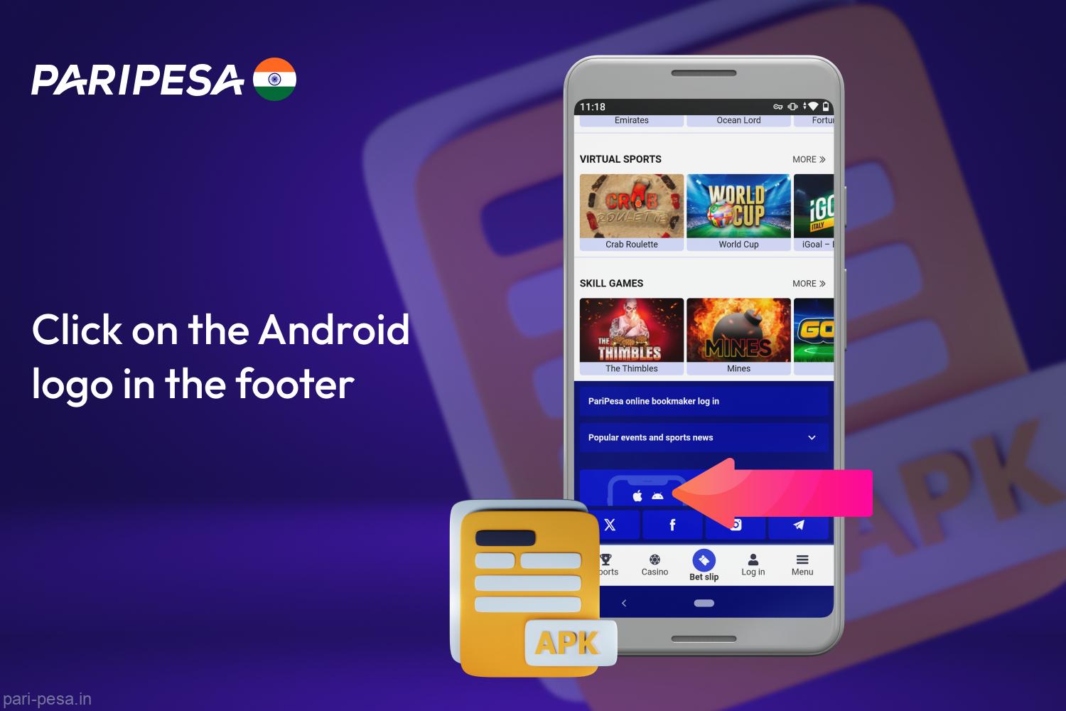 Click on the Android logo in the footer to go to the Paripesa app download page