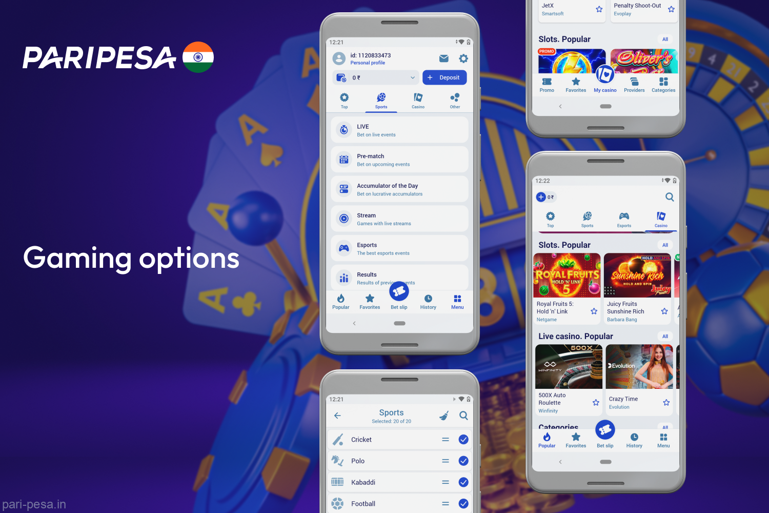 Paripesa app users from India have access to betting and casino games