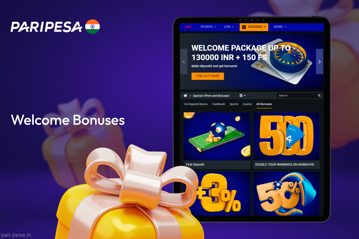 Paripesa offers two welcome bonus options to players from India